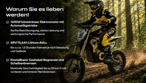 Elektro Cross Bike Falcon  48 Volt 1600 Watt Lithium Akku 68 cm Sitzhöhe